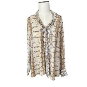 Rachel Zoe Top Women's L Tie Neck Blouse Snake Animal Print Long Sleeve Bow